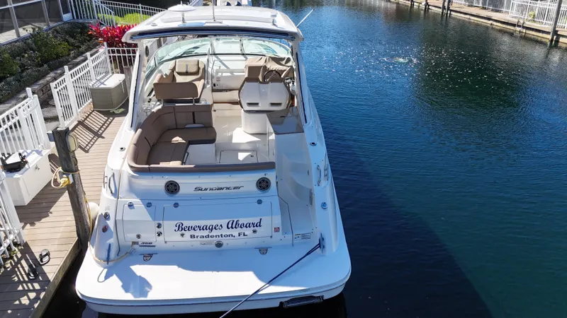  Yacht Photos Pics 2016 Sea Ray 350 Sundancer docked at marina, rear view.