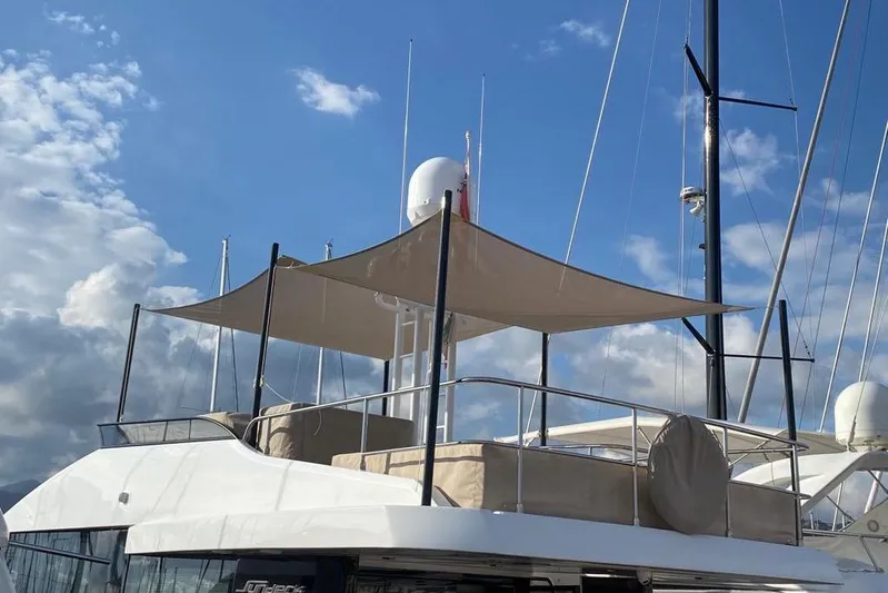  Yacht Photos Pics 2020 Sundeck Yachts 580 with sunshade, under a clear blue sky.