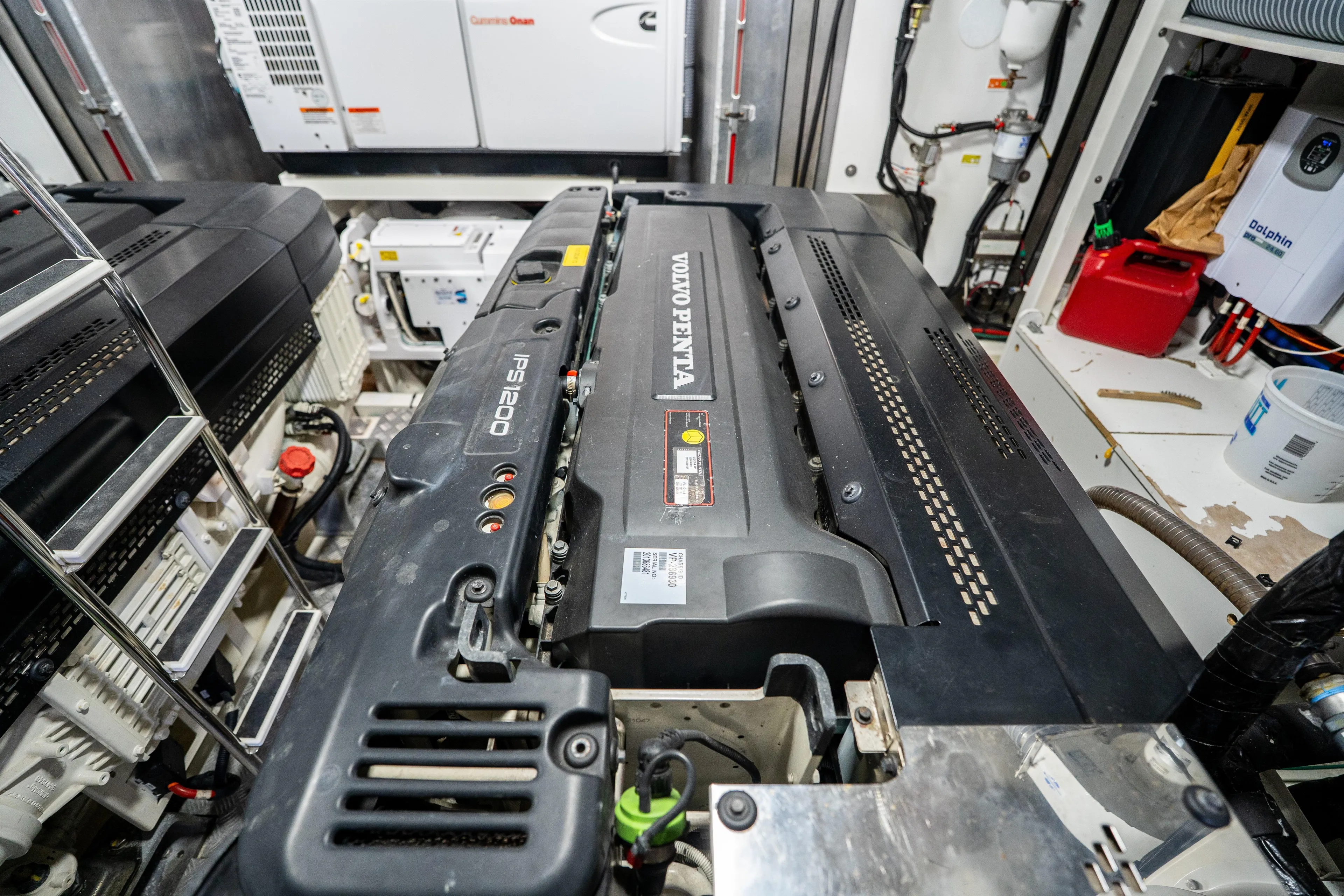  Yacht Photos Pics Engine room of a 2018 Prestige 680 yacht featuring a Volvo Penta IPS1200 engine.