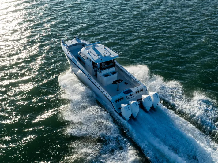  Yacht Photos Pics Freeman 37 VH boat cruising on open water, 2020 model, aerial view.