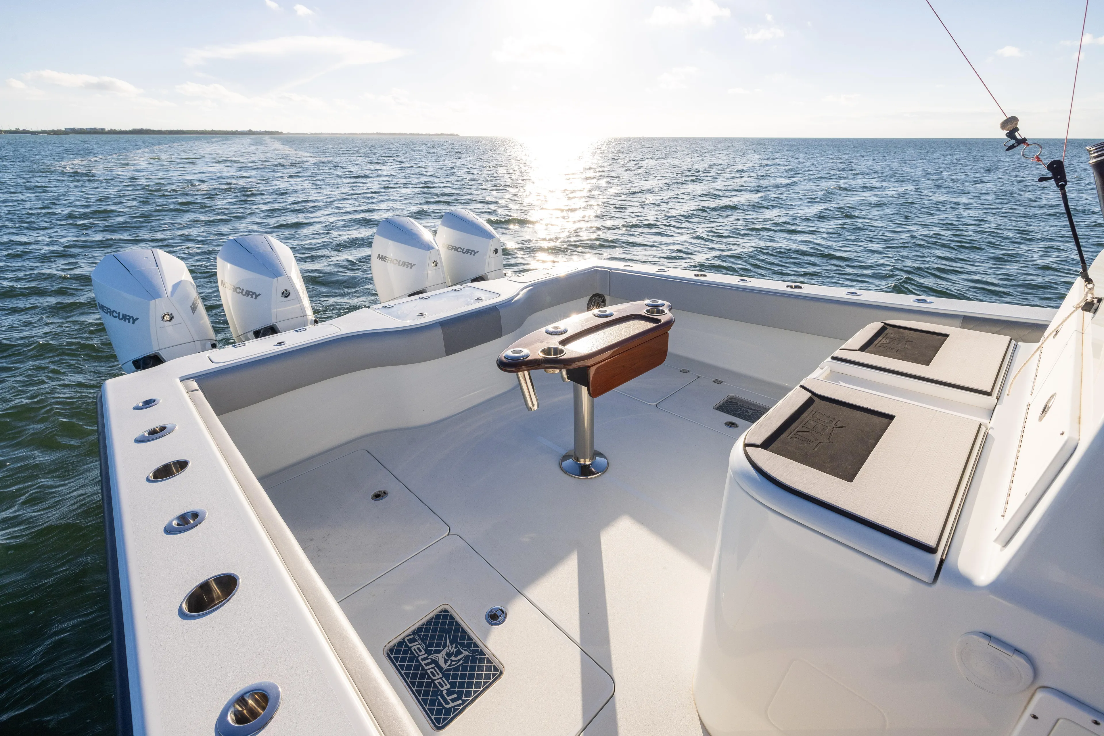  Yacht Photos Pics Freeman 37 VH 2020 boat with Mercury engines on open water at sunset.