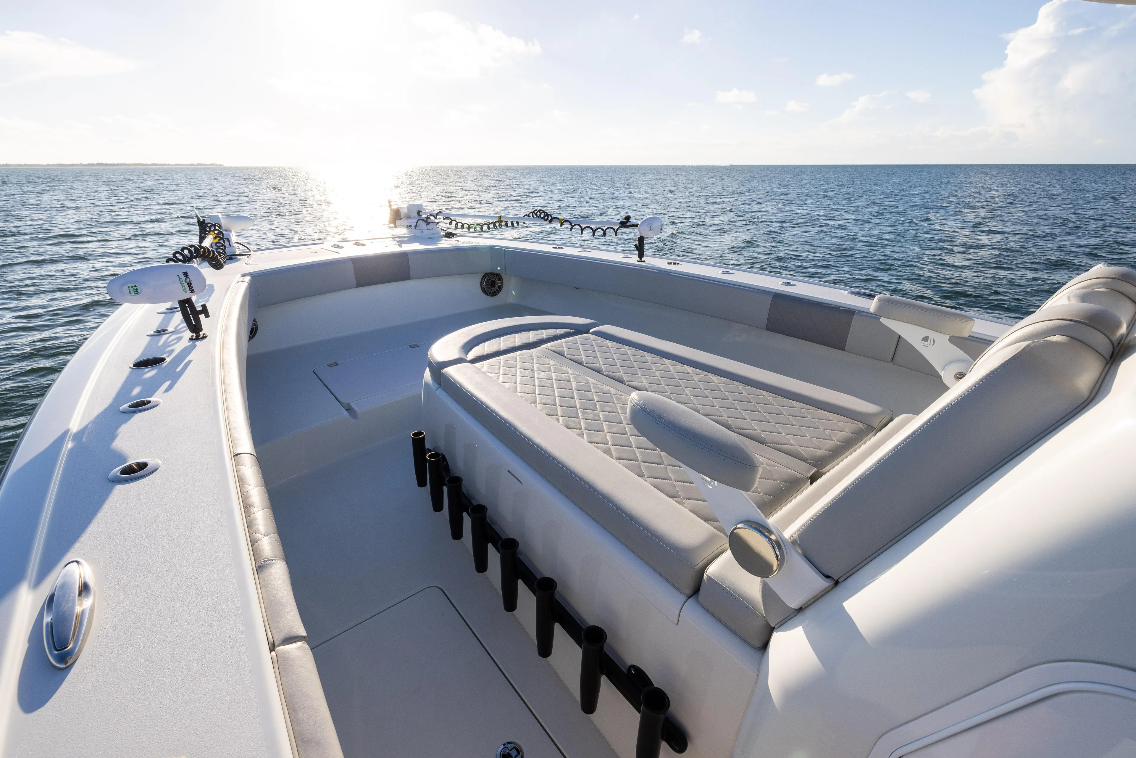  Yacht Photos Pics Luxury Freeman 37 VH boat interior, 2020 model, with ocean view and seating area.