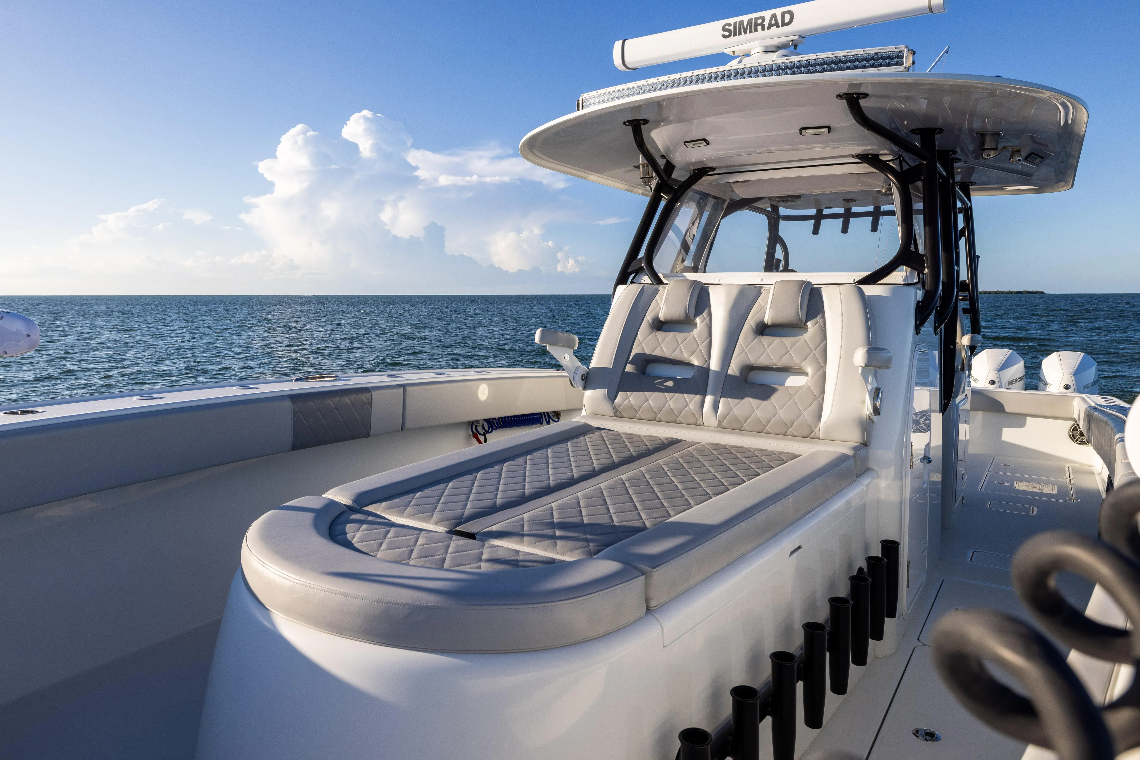  Yacht Photos Pics Luxury Freeman 37 VH boat interior, 2020 model, with plush seating and ocean view.