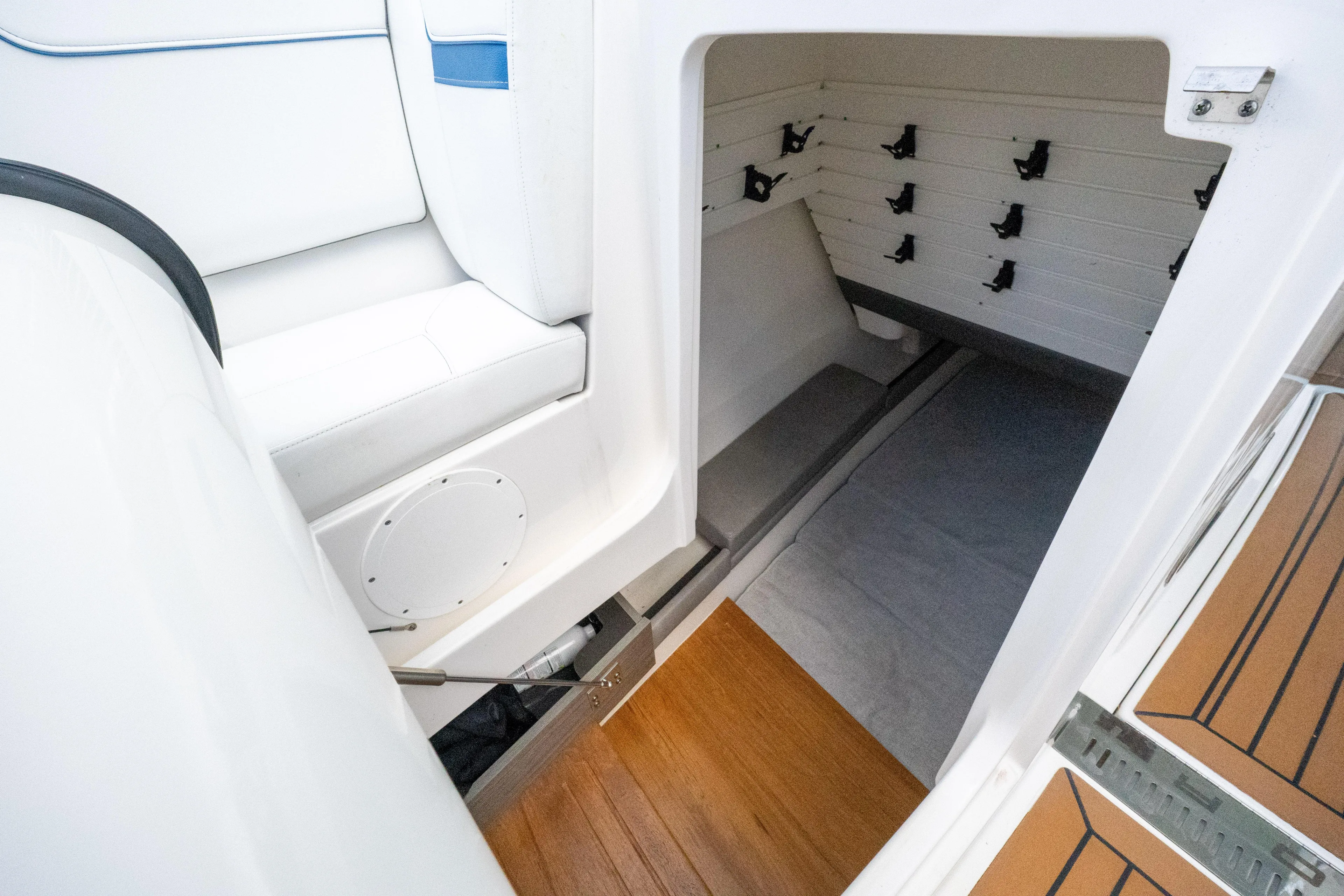  Yacht Photos Pics Interior view of 2021 Tiara Sport 38 LX boat storage compartment.