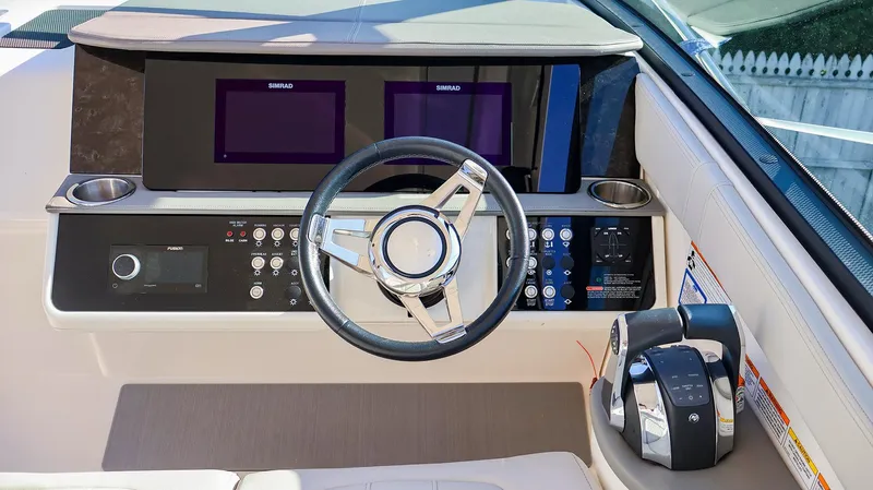4743jg Yacht Photos Pics 2021 Sea Ray 320 Sundancer helm with modern controls and dual displays.