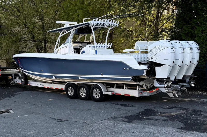  Yacht Photos Pics 2017 Nor-Tech 392 Superfish boat on trailer with multiple outboard engines.