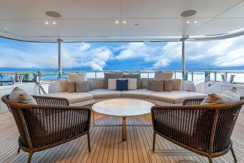 Koju Yacht Photos Pics Luxurious 2022 Benetti Motopanfilo yacht deck with elegant seating and ocean view.