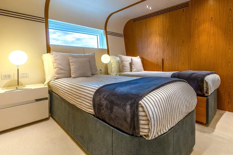 Koju Yacht Photos Pics Luxurious twin bedroom on 2022 Benetti Motopanfilo yacht with modern decor and ambient lighting.