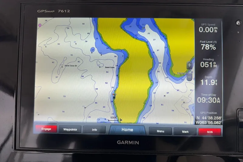  Yacht Photos Pics Garmin GPS display on 2018 Pursuit OS 325 Offshore, showing nautical map and navigation data.