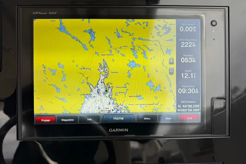  Yacht Photos Pics Garmin GPS display on 2018 Pursuit OS 325 Offshore, showing nautical map and navigation data.