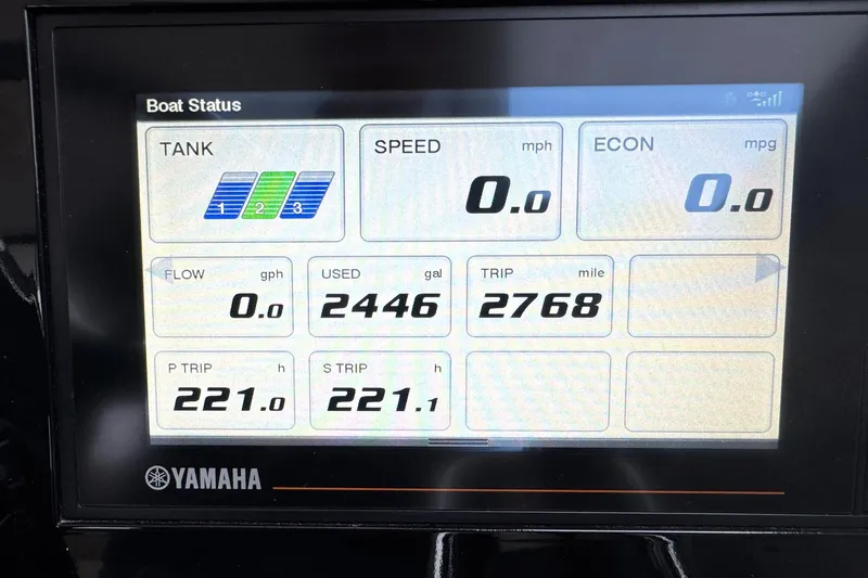  Yacht Photos Pics Dashboard display of 2018 Pursuit OS 325 Offshore boat status with Yamaha interface.