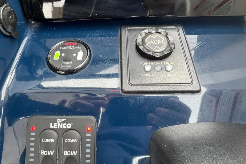  Yacht Photos Pics Control panel of a 2018 Pursuit OS 325 Offshore boat with engine shutdown system.