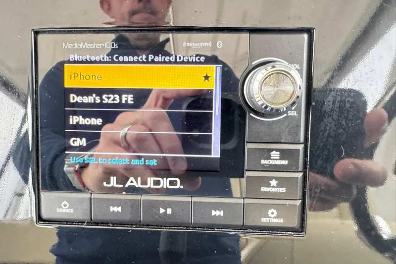  Yacht Photos Pics JL Audio MediaMaster display on 2018 Pursuit OS 325 Offshore, showing Bluetooth device options.