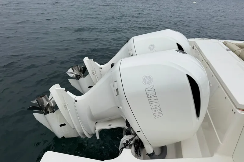  Yacht Photos Pics Twin Yamaha outboard engines on a 2018 Pursuit OS 325 Offshore boat.