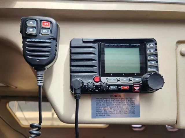 Plan B Yacht Photos Pics VHF radio system on 1998 Hunter 450 Passage sailboat dashboard.