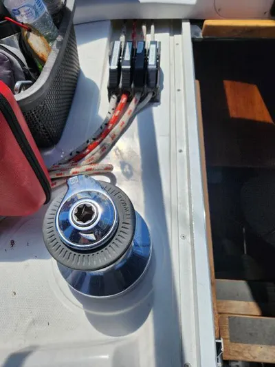 Plan B Yacht Photos Pics Winch and rope clutches on 1998 Hunter 450 Passage sailboat deck.