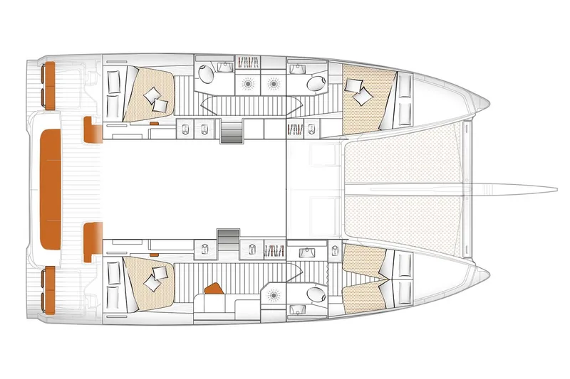  Yacht Photos Pics Manufacturer Provided Image: Floor plan of 2026 Excess 14 catamaran, featuring spacious cabins and modern layout.