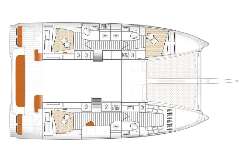  Yacht Photos Pics Manufacturer Provided Image: Floor plan of a 2026 Excess 14 catamaran, showcasing cabins and living areas.