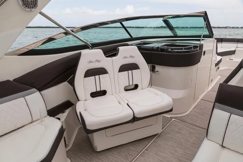  Yacht Photos Pics Manufacturer Provided Image: 2018 Sea Ray SLX 350 boat interior with luxurious seating and ocean view.