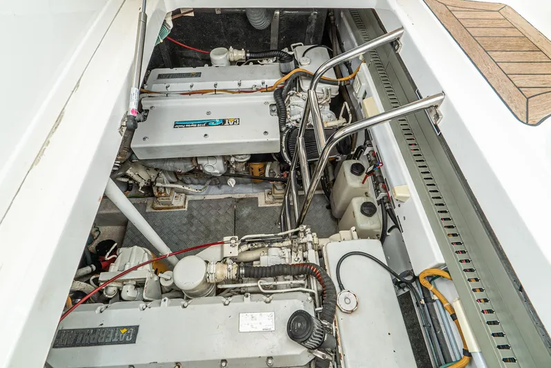  Yacht Photos Pics Engine compartment of 2000 Fairline 48 Targa yacht, showcasing dual engines and mechanical components.