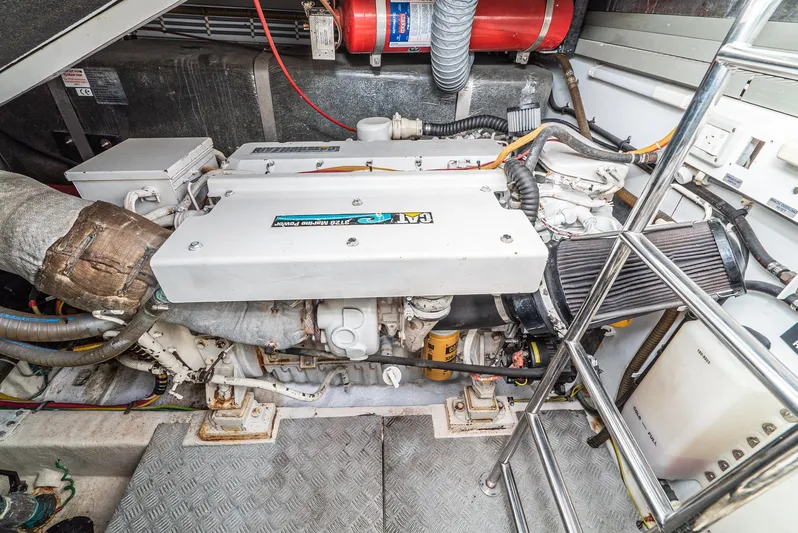  Yacht Photos Pics Engine room of 2000 Fairline 48 Targa yacht, showcasing mechanical components and equipment.