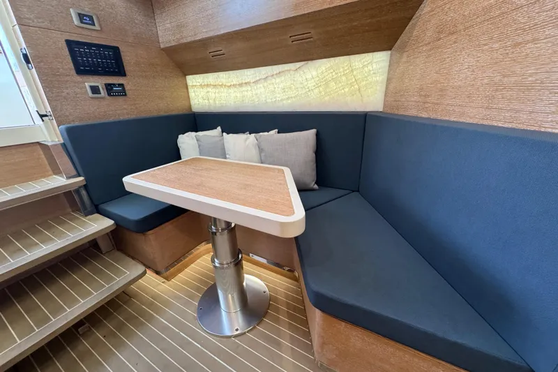  Yacht Photos Pics Luxurious interior of 2020 Scout 530 LXF yacht with cozy seating and modern design.