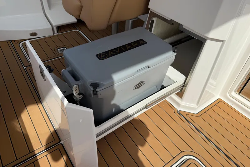  Yacht Photos Pics 2022 Aviara AV32 OB boat with built-in cooler storage on deck.