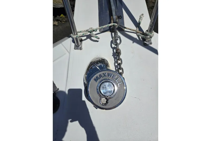  Yacht Photos Pics Anchor windlass on 1994 Navigator 5600 boat deck, featuring Maxwell branding.