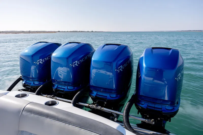  Yacht Photos Pics Four blue racing outboard motors on a 2020 Nor-Tech 390 Sport Center Console boat.