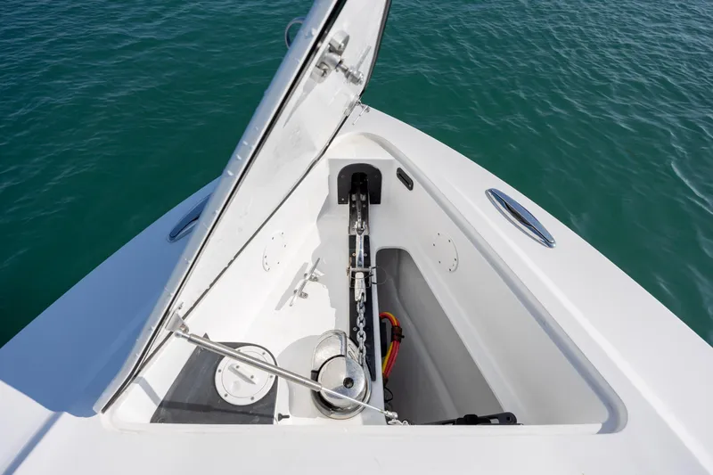  Yacht Photos Pics 2020 Nor-Tech 390 Sport Center Console anchor compartment, open on calm water.