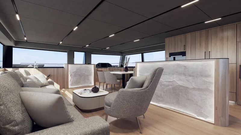 Arctic Moon Yacht Photos Pics Luxurious interior of 2025 Moon 60 Power yacht with modern furnishings and elegant design.