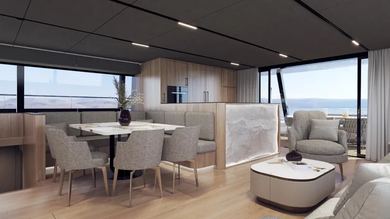 Arctic Moon Yacht Photos Pics Luxurious interior of 2025 Moon 60 Power yacht with modern dining and seating area.