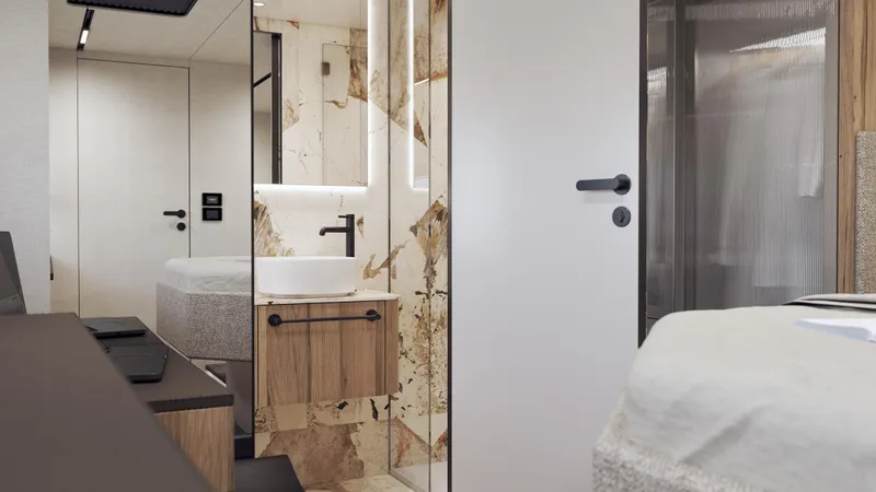 Arctic Moon Yacht Photos Pics Modern yacht interior with sleek bathroom design, featuring marble accents and wood finishes, Moon 60 Power 2025.