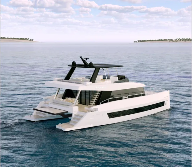 Arctic Moon Yacht Photos Pics Luxurious 2025 Moon 60 Power yacht cruising on serene ocean waters.