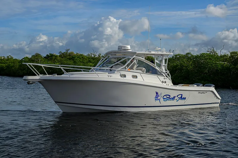  Yacht Photos Pics 2016 Edgewater 335 Express boat cruising on a calm waterway with lush greenery.