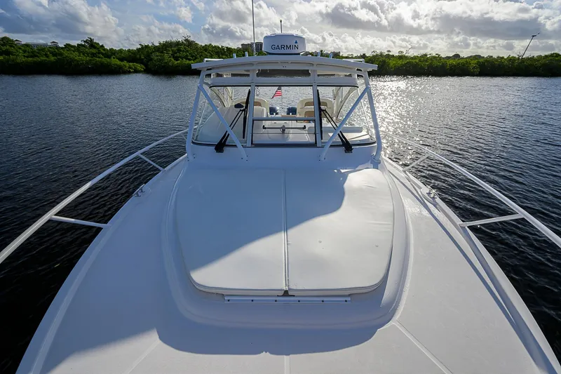  Yacht Photos Pics 2016 Edgewater 335 Express boat on calm water, sunny day, lush greenery in background.