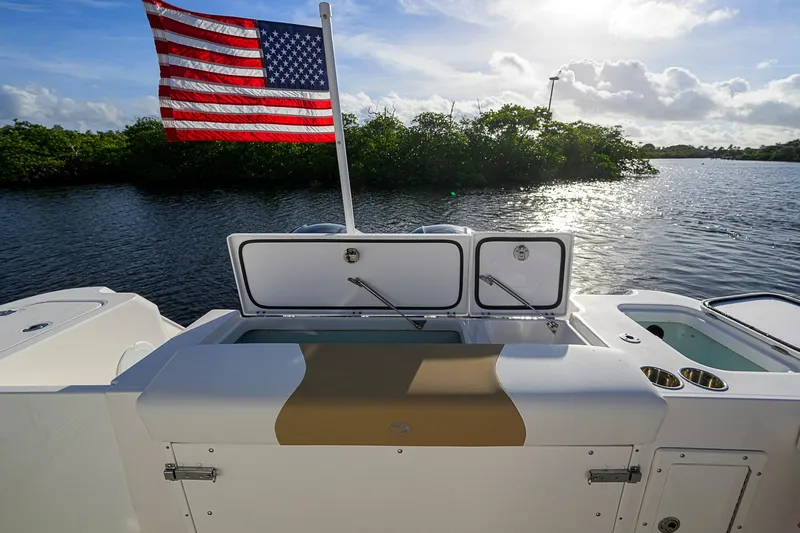  Yacht Photos Pics 2016 Edgewater 335 Express boat with American flag on a sunny day.