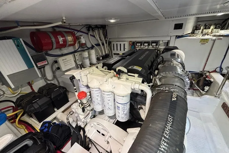 Salish Sky Yacht Photos Pics Engine room of 2015 Sabre 54 Salon Express yacht, showcasing mechanical components and systems.