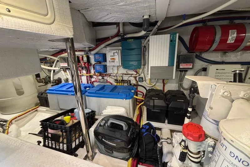 Salish Sky Yacht Photos Pics Engine room of 2015 Sabre 54 Salon Express with batteries and equipment.