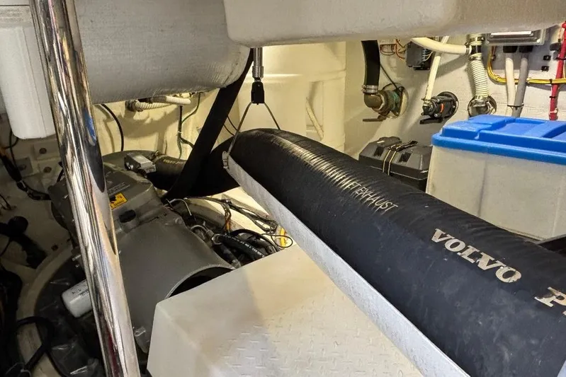 Salish Sky Yacht Photos Pics Engine room of 2015 Sabre 54 Salon Express with Volvo exhaust system.