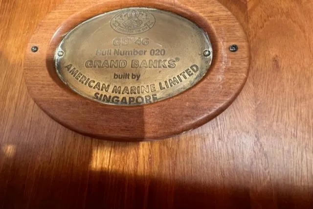 Slow Poke Yacht Photos Pics Plaque on 1987 Grand Banks Classic Trawler, Hull #20, built by American Marine Limited, Singapore.