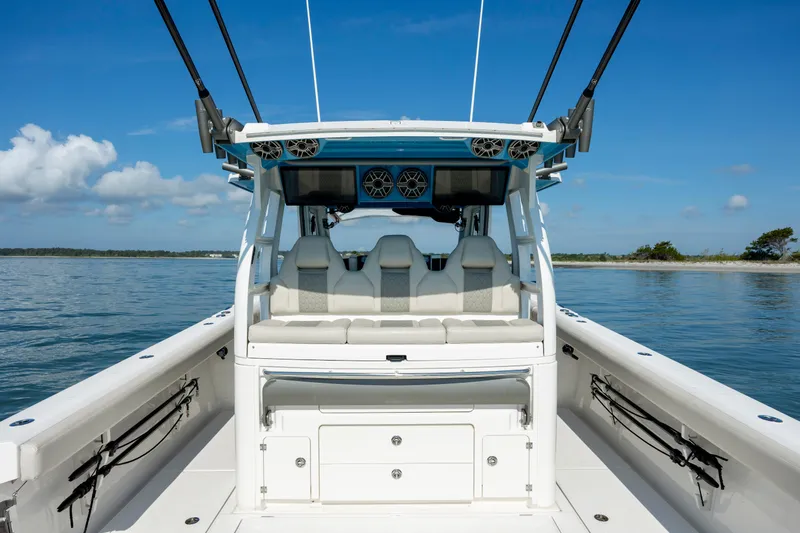  Yacht Photos Pics 2022 Solace 41 CS boat interior with seating, ocean view, and clear blue sky.