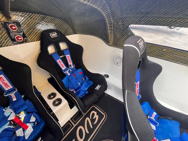  Yacht Photos Pics Interior of 2018 Lavey Craft 28 EVO with racing seats and safety harnesses.