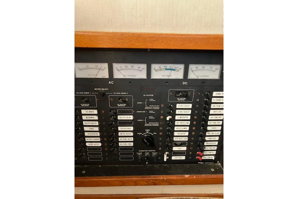Electrical control panel on a 1979 Pacemaker 40 Sportfisher boat.