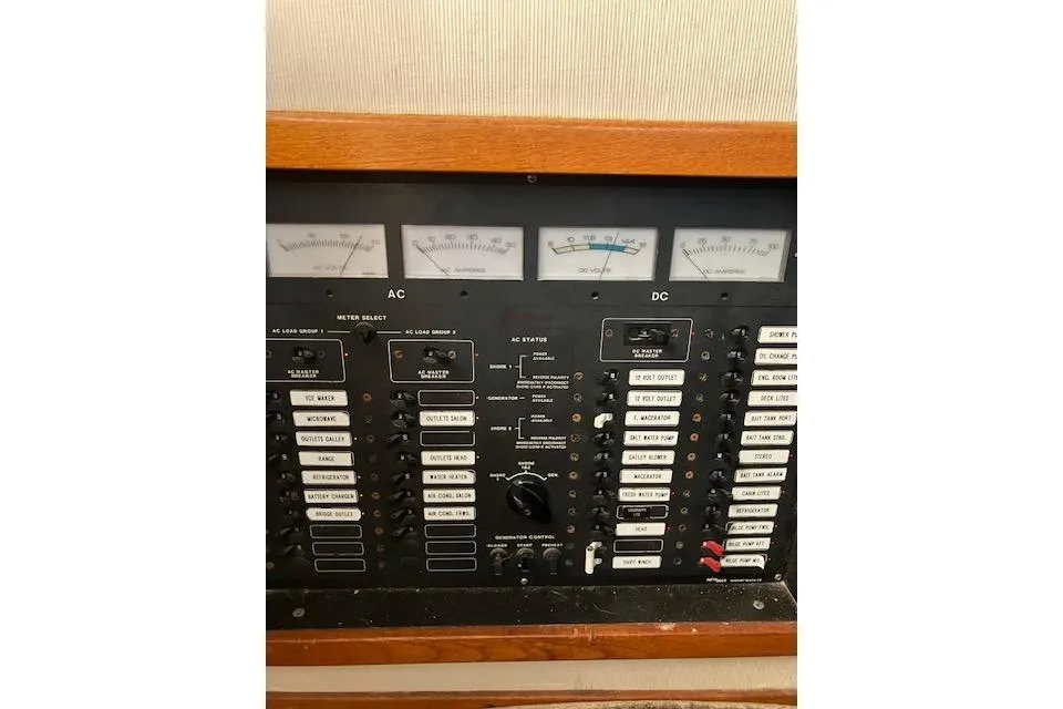Electrical control panel on a 1979 Pacemaker 40 Sportfisher boat.