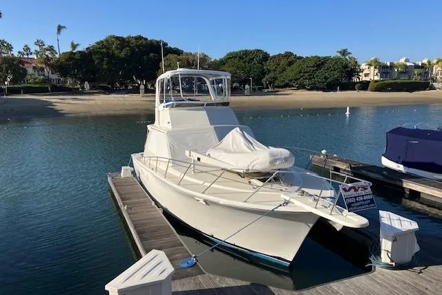 1979 Pacemaker 40 Sportfisher docked by a serene beach, under clear blue skies.