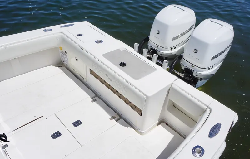  Yacht Photos Pics 2009 SeaVee 32OB boat with dual Mercury outboard engines on calm water.