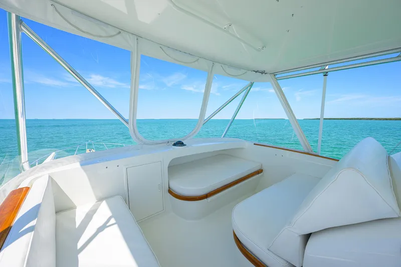 Hurricane Yacht Photos Pics Interior view of a 1997 Garlington 61 Convertible yacht with ocean backdrop.