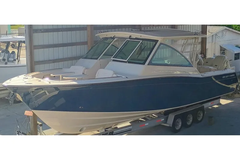 375-307 Brokerage Ron Yacht Photos Pics 2025 Grady-White Freedom 375 boat in storage, showcasing sleek design and modern features.