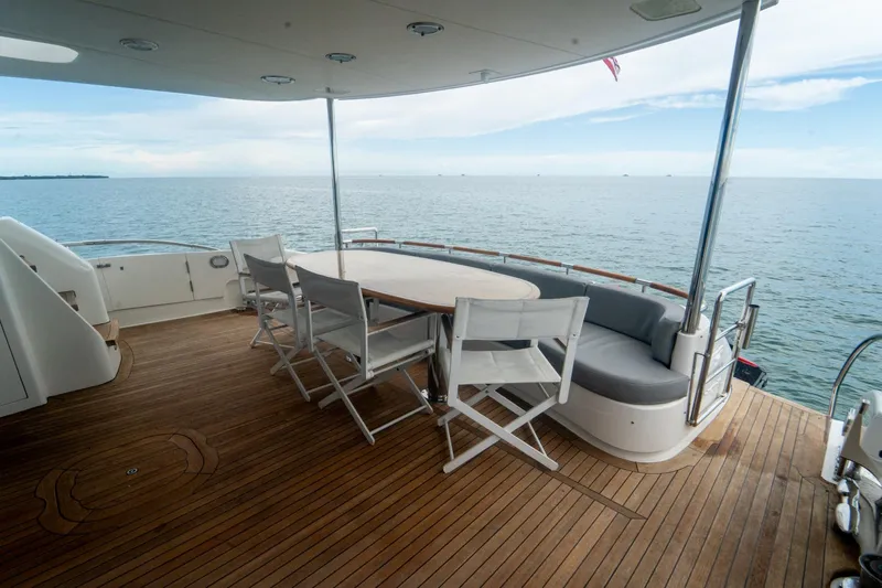 Living The Dream Yacht Photos Pics Luxurious 2008 Lazzara 84 Open Bridge yacht deck with seating and ocean view.